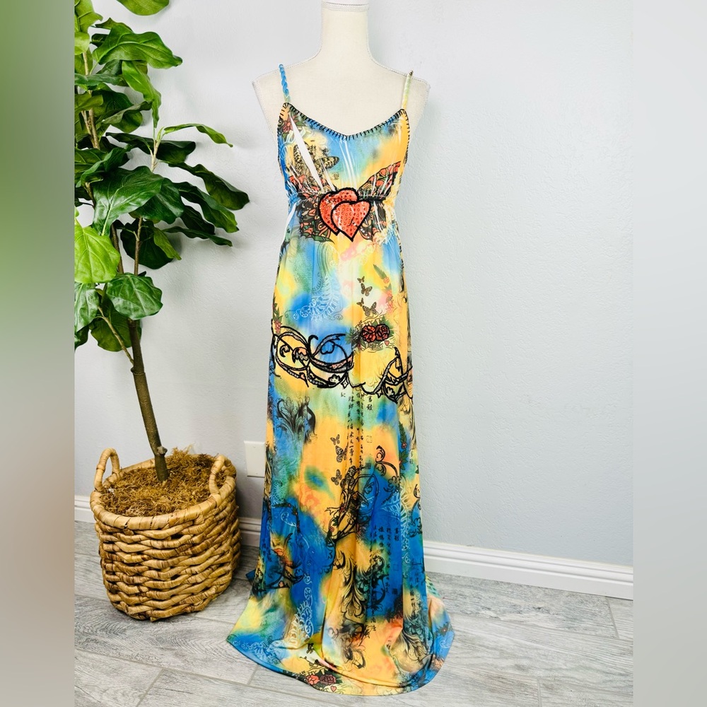 Spy Zone Exchange Tie Dye Butterfly Heart Bedazzle Embroidered Maxi Dress